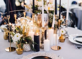Modern-themed table setting at a wedding reception