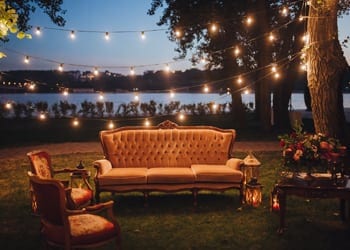 Luxurious antique furniture underneath hanging lights during a night time wedding celebration