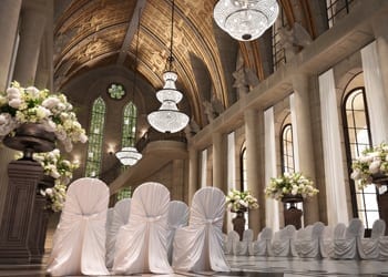 Interior of a church ready for the wedding guests to arrive