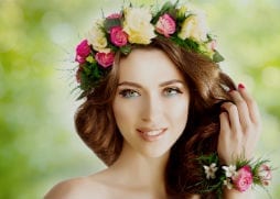 Off the shoulder R wedding soft curled hair with flower head piece